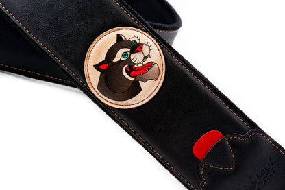 Courroie modèle TATOO PANTHER, extérieur synthétique, largeur 7 cm, longueur 98 à 153 cm, porte-médiators intégré, noir