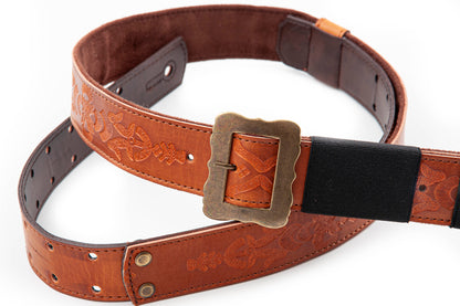 Courroie modèle LEGEND BM BOHEMIAN, cuir haute qualité, largeur 4 cm, longueur 60 à 163 cm, porte bottleneck intégré, woody