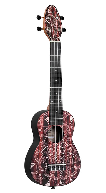 K2SS-RKC, pack ukulélé Soprano Superscale, table agathis design kaléidoscope, corps ABS galbé, accessoires, rouge satiné