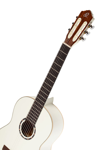 R121, table épicéa, fond & éclisses acajou, manche acajou (sillet 52 mm), housse, blanc brillant