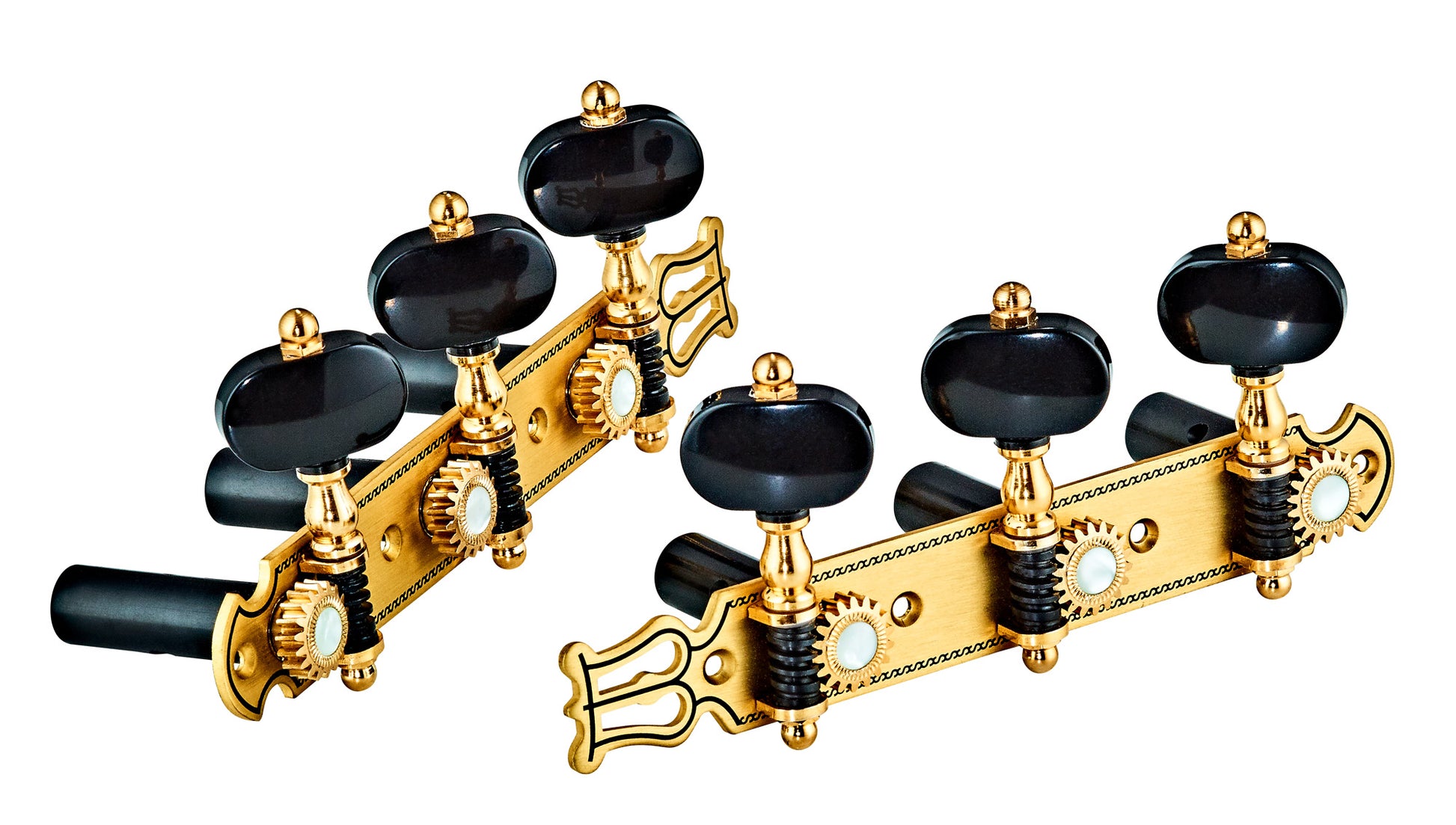 Jeu de mécaniques pour guitare classique série Premium, ratio 18:1, plaques laiton brossé, incrustations nacre, boutons noirs
