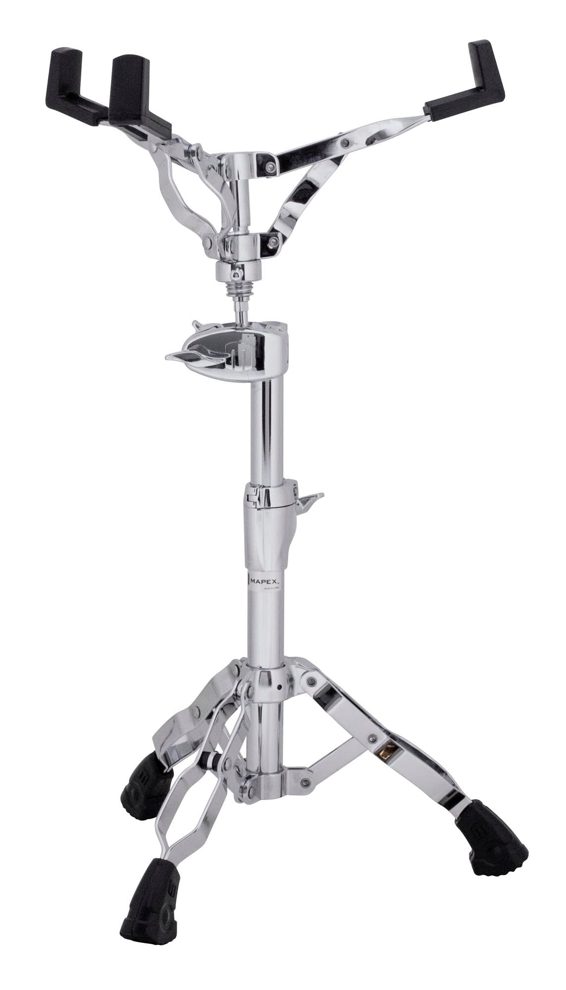 Support caisse claire, rotule centrale de réglage, pied à double embase, ajustements par paliers, bague mémoire, chrome