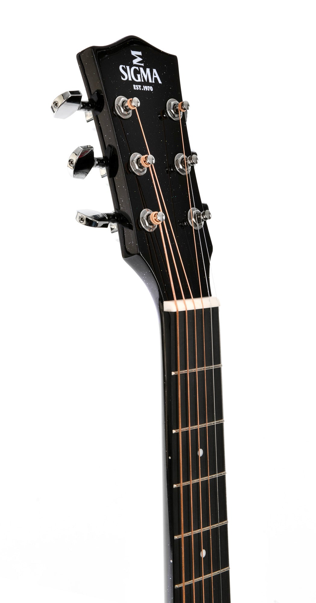 Modèle GJM-1E, Grand Jumbo, table épicéa massif, f/e acajou, touche micarta, EQ Fishman, noir pailleté