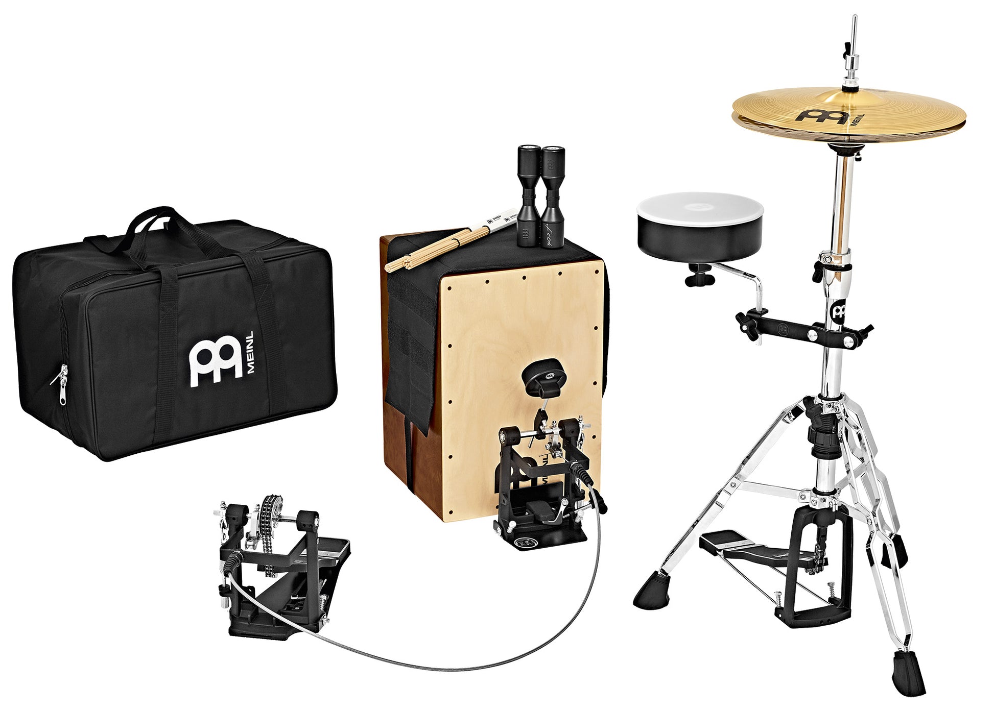 BATTERIE CAJON MEINL BOULEAU, SNARE, TMCP, HOUSSE, FAGOTS MULTI-STICKS, CLAMP, PIED CHARLESTON MLH, HIT-HAT HCS 13", SH4BK