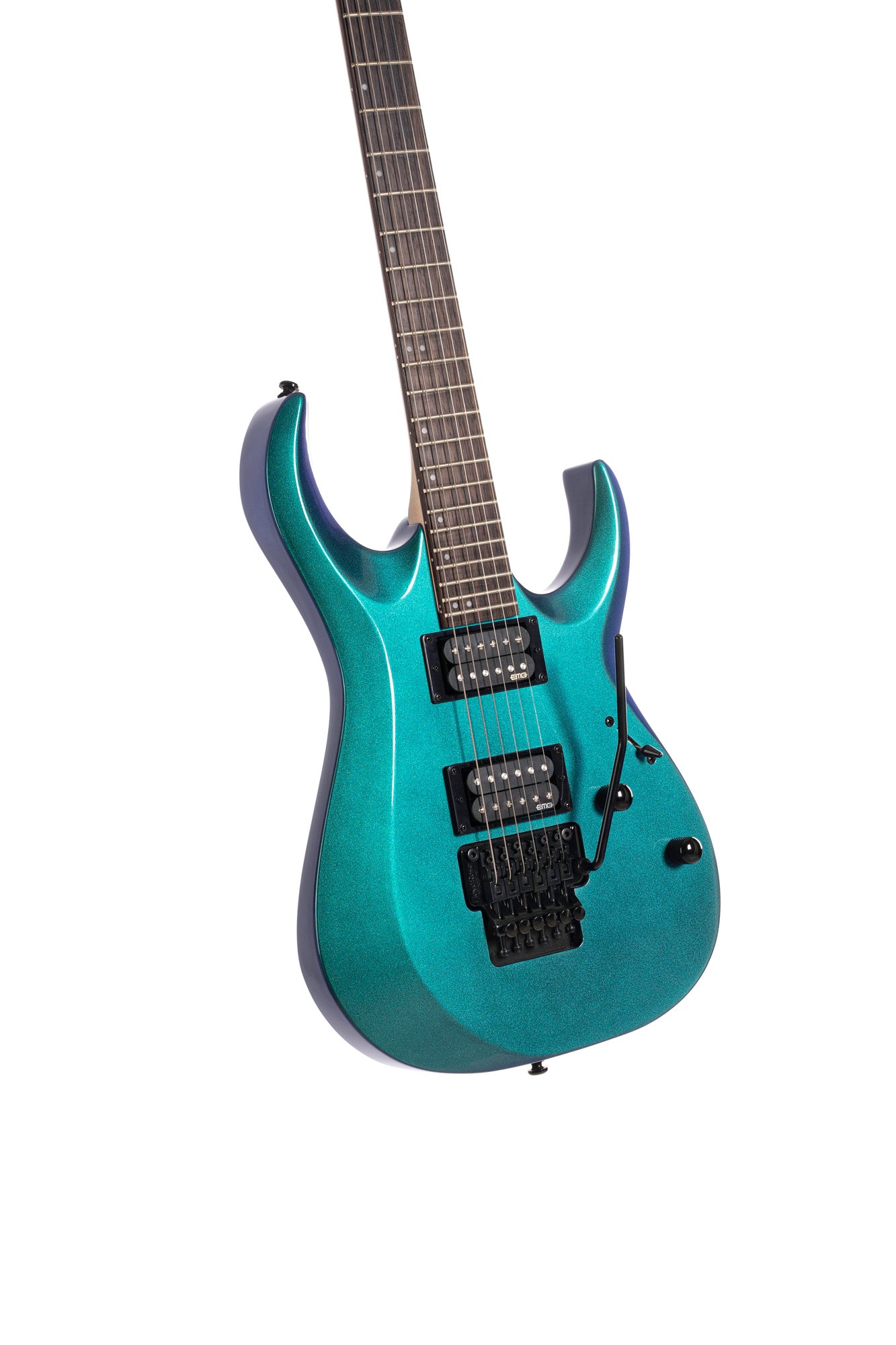 X300, corps tilleul, manche érable, touche palissandre, vibrato Floyd Rose, 2 micros EMG RetroActive Hot70, flip blue