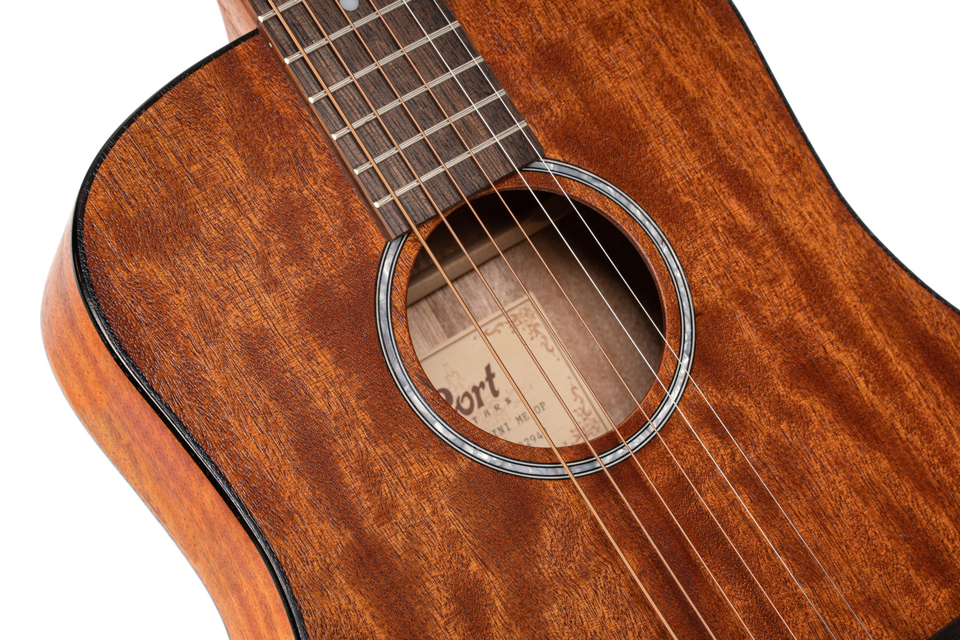 AD mini-M, dreadnought 3/4 (diapason 579 mm), table acajou, fond & éclisses acajou, rosace blanche nacrée, avec housse