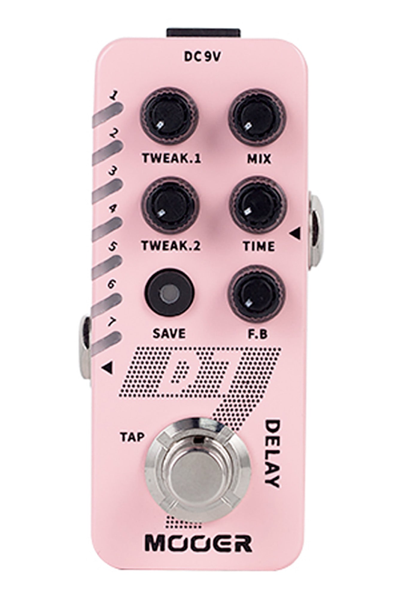 Pédale D7 DELAY, 6 types de délais personnalisables et looper 150 secondes, 6 presets utilisateurs, boîtier métal, rose