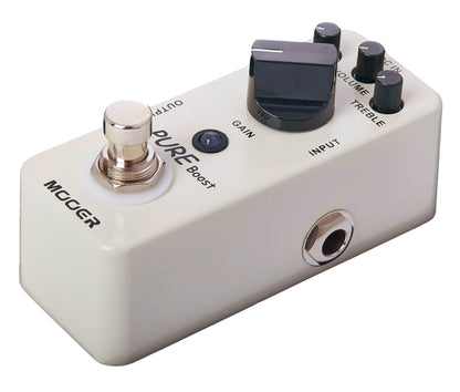 Pédale PURE BOOST, clean boost +20dB avec EQ 2 bandes, boîtier métal, true bypass, blanc