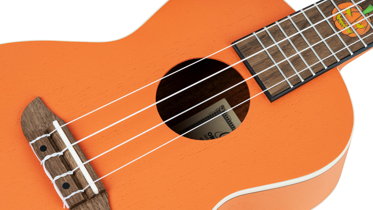 RUHW, édition Halloween, modèle Concert, table acajou, fond & éclisses acajou, incrustation citrouille, orange satiné