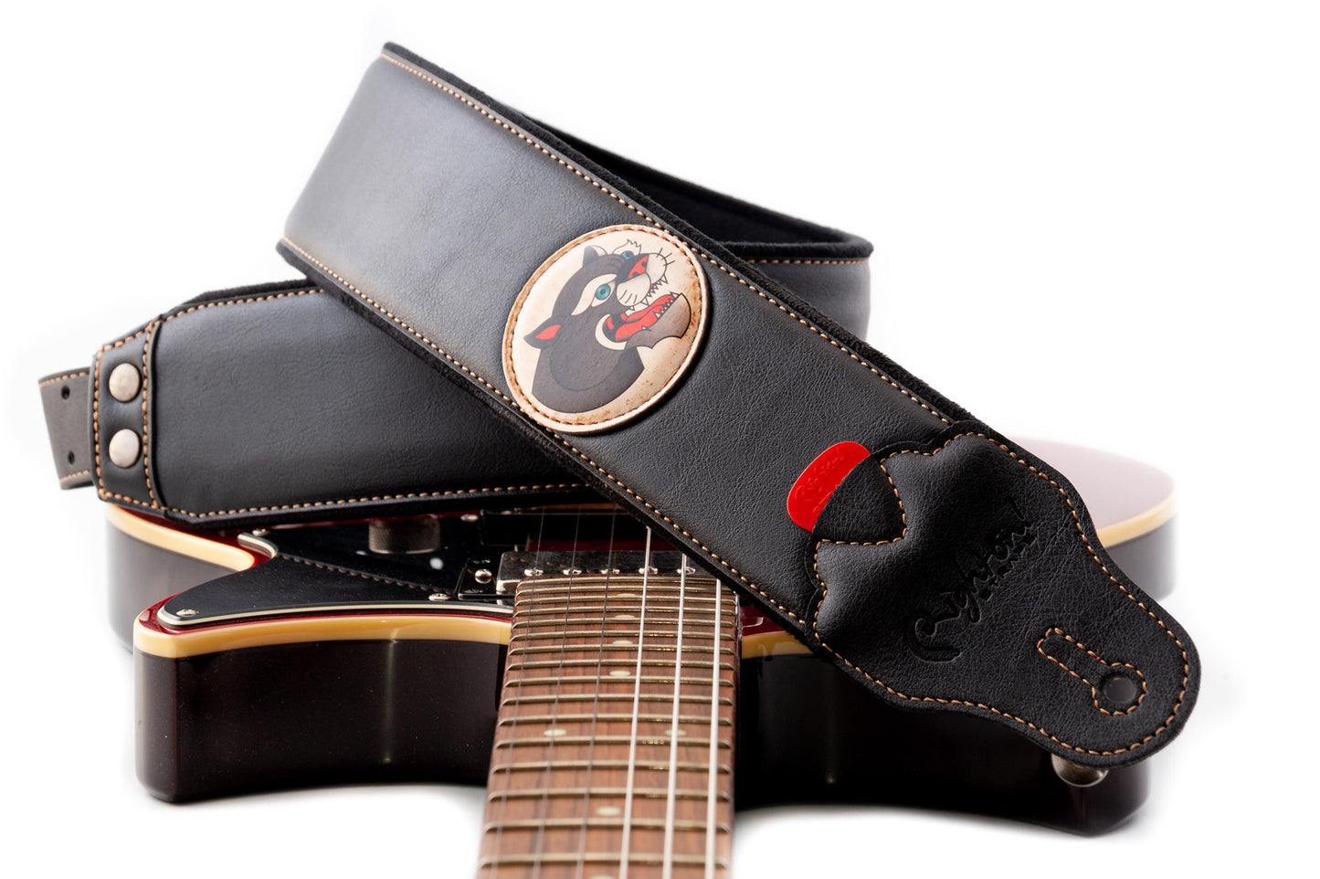 Courroie modèle TATOO PANTHER, extérieur synthétique, largeur 7 cm, longueur 98 à 153 cm, porte-médiators intégré, noir