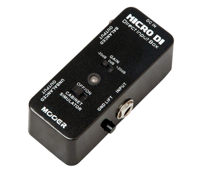 Pédale MICRO DI, boite de direct, sorties symétrique et asymétrique, switch gain, boîtier métal, true bypass, noir