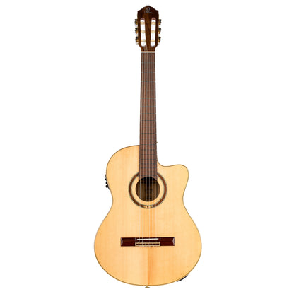 RCE138SN, modèle Slim Neck, pan coupé, EQ MagusPro, table épicéa massif, f/e sapele, manche acajou (sillet 48 mm), housse