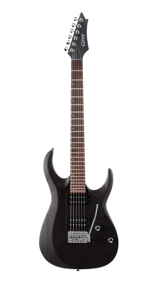 X100, corps meranti, manche érable, touche jatoba, trémolo 6 points, 2 doubles Powersound, noir pores ouverts