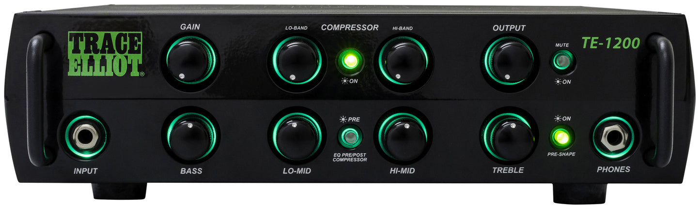 Tête amplifiée pour basse 1200W RMS, EQ 4 bandes, compresseur 2 bandes, 2 sorties jack, sortie DI, sortie casque, finition noir