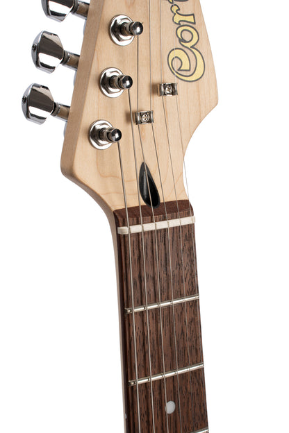 G250, corps tilleul, manche érable, touche jatoba, 1 micro double et 2 simples Cort Alnico V, trémolo, champagne or métallisé