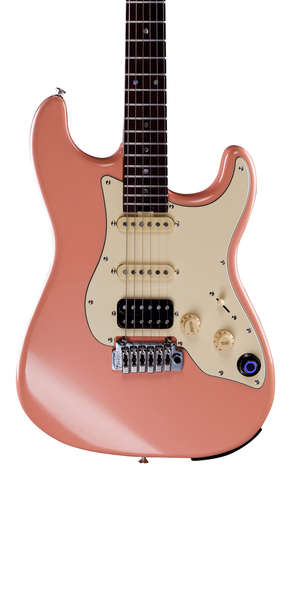 GTRS P800, corps aulne, manche érable flammé torréfié, touche palissandre, micros et processeur GTRS, flamingo pink