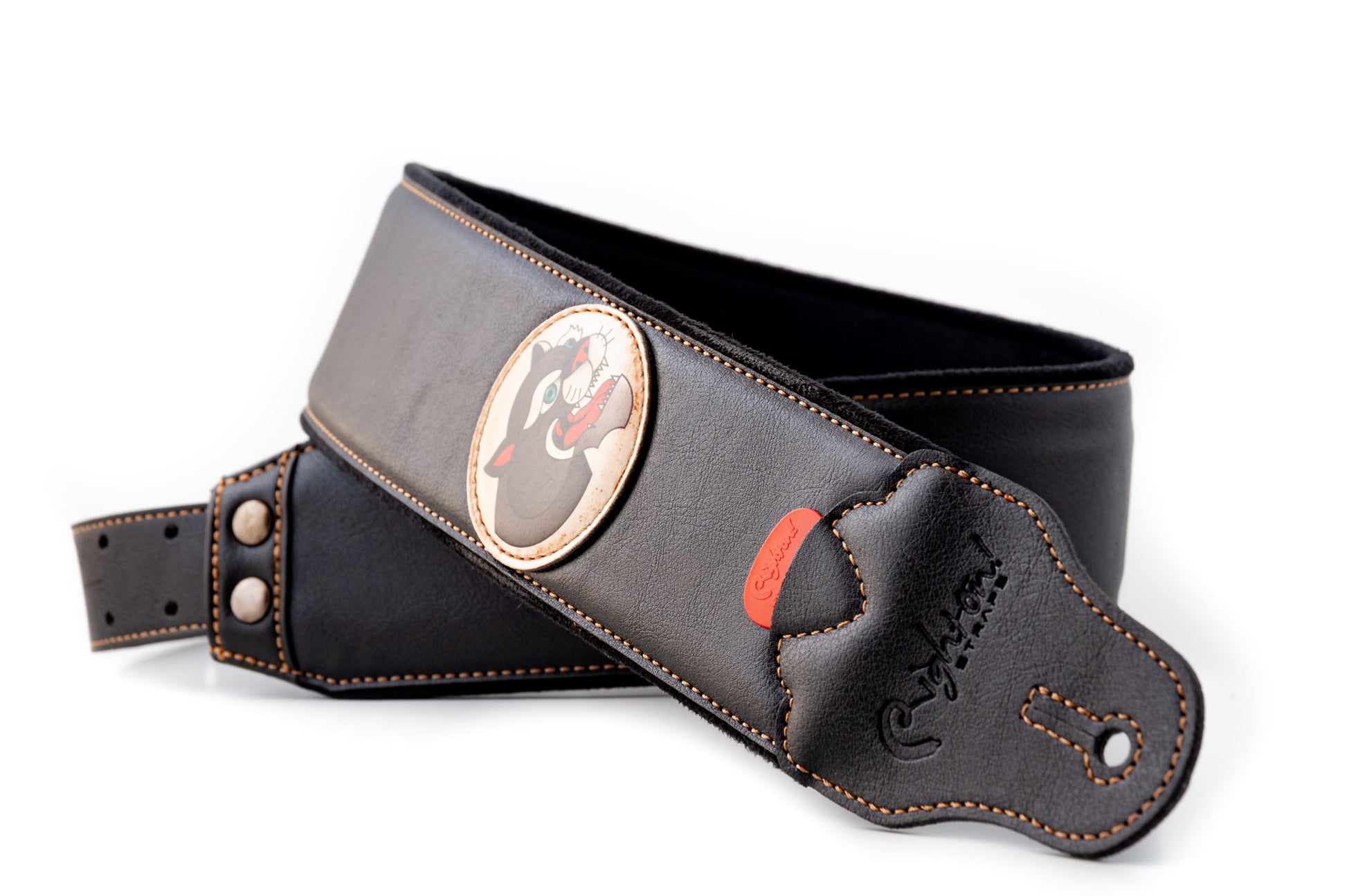 Courroie modèle TATOO PANTHER, extérieur synthétique, largeur 7 cm, longueur 98 à 153 cm, porte-médiators intégré, noir