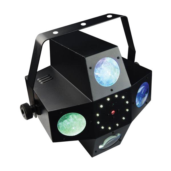 Power Lighting METEOR VII 3-in-1 lichtshow: Moonflower-lichtbundel, stroboscoop, rode en groene multipoint-laser.